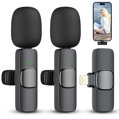 Dual Wireless Lavalier Microphone Set for iPhone and iPad, Plug-and-Play 2.4G Ultra-Low Latency with Integrated Noise Reduction for Video Recording, Interviews, Podcasts, and Vlogs