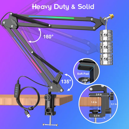 RGB Microphone Boom Arm Stand, Adjustable Heavy Duty Metal Desk Mic Arm for Gaming, Streaming and Content Creation