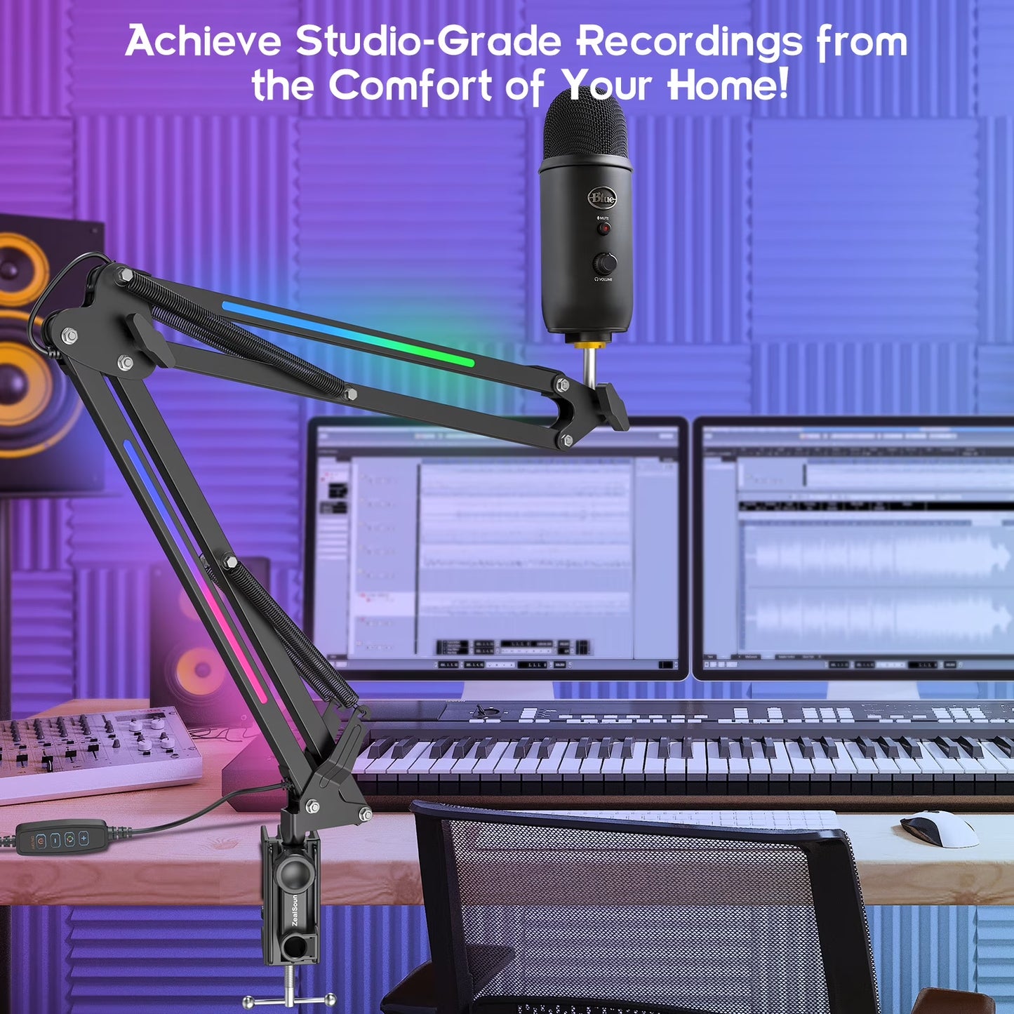 RGB Microphone Boom Arm Stand, Adjustable Heavy Duty Metal Desk Mic Arm for Gaming, Streaming and Content Creation