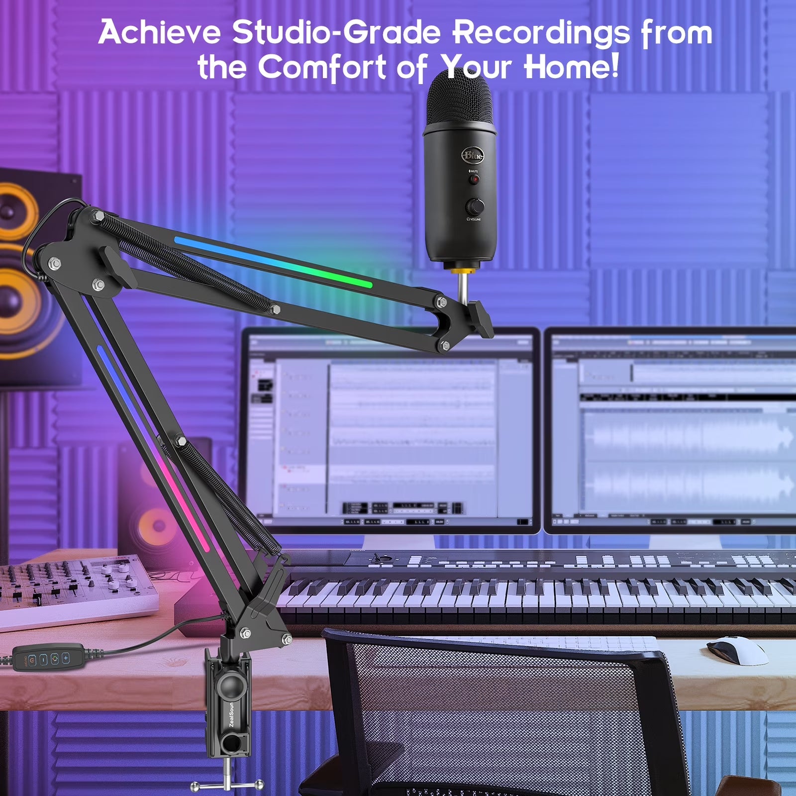 RGB Microphone Boom Arm Stand, Adjustable Heavy Duty Metal Desk Mic Arm for Gaming, Streaming and Content Creation