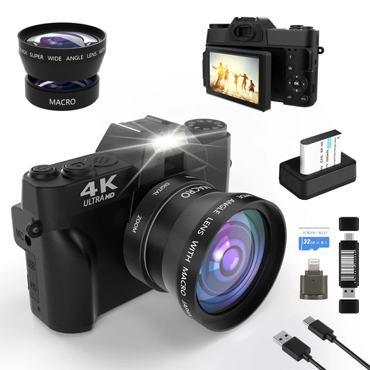 4K 56MP Vlogging Camera with 180° Flip Screen, Compact Camera with 16X Digital Zoom, 32GB TF Card, Summer Gift(Black)