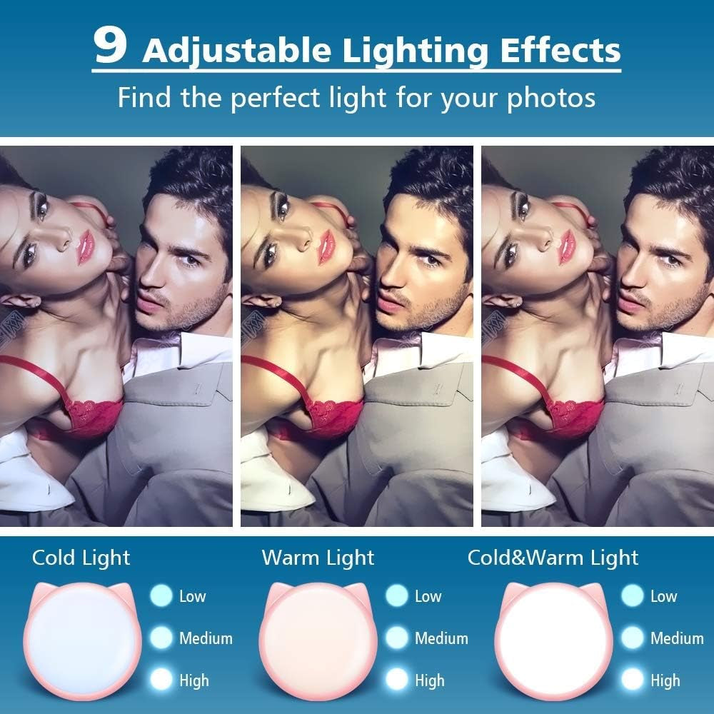 Selfie Clip on Ring Light, Mini Rechargeable 9 Level Adjustable Brightness Modes with 32 LED, 2-8 Hours, USB Flash Lighting for Iphone/Android, Cell Phone Photography,Video, Vlogging - Pink