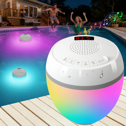 Floating Pool Speaker 3-In-1 with Digital Water Thermometer, IP68 Waterproof TWS Speaker Color LED Lights for Pool Hot Tub Spa, White