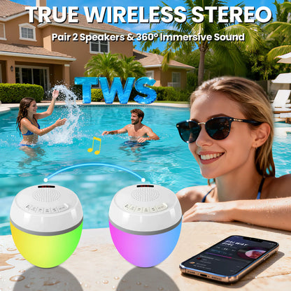 Floating Pool Speaker 3-In-1 with Digital Water Thermometer, IP68 Waterproof TWS Speaker Color LED Lights for Pool Hot Tub Spa, White