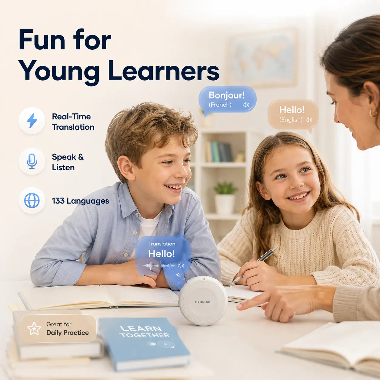 HYUNDAI TS1 Smart Translator Speaker, Real-Time Translation in 133 Languages for Travel, Business & Learning,Languages Practice Companion