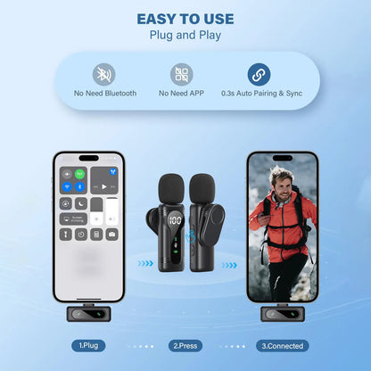 PQRQP Wireless Lavalier Microphone Dual Set – Plug & Play Clip-On Mic with Auto Pairing, Magnetic Mount, Noise Cancelling with LED Display for Iphone, Android, USB-C Devices,Vlog & Video Recording