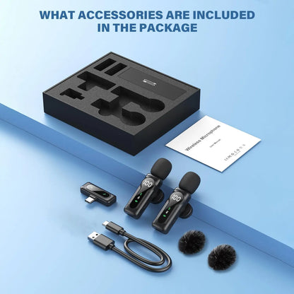 PQRQP Wireless Lavalier Microphone Dual Set – Plug & Play Clip-On Mic with Auto Pairing, Magnetic Mount, Noise Cancelling with LED Display for Iphone, Android, USB-C Devices,Vlog & Video Recording