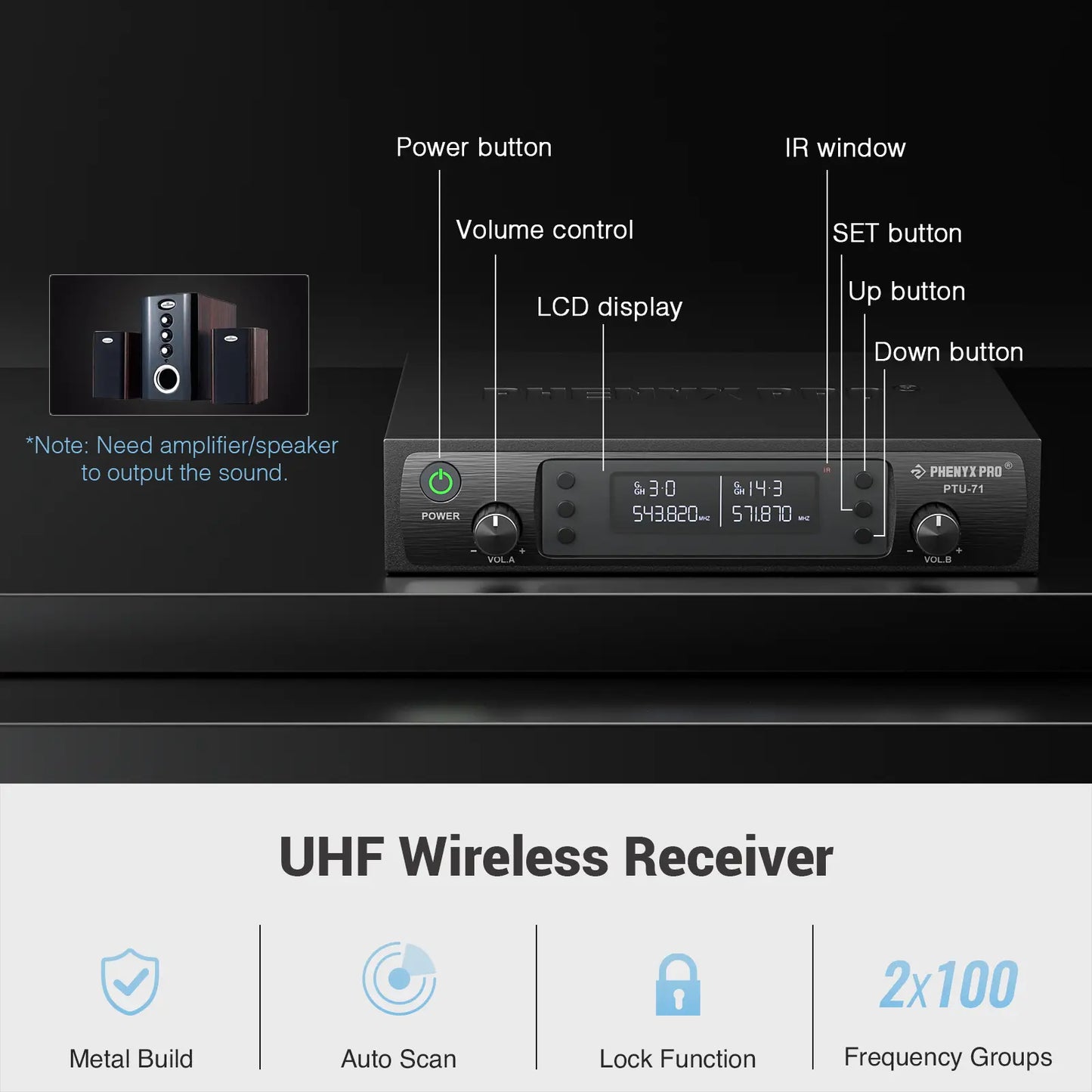 Phenyx Pro PTU-71-2H Dual Wireless 500Mhz Microphone System – 2 Handheld Mics, 328Ft UHF Range, Auto Scan & IR Sync, 2X100 Adjustable Frequencies, Dynamic Mics for Singing, Church, Karaoke, Events