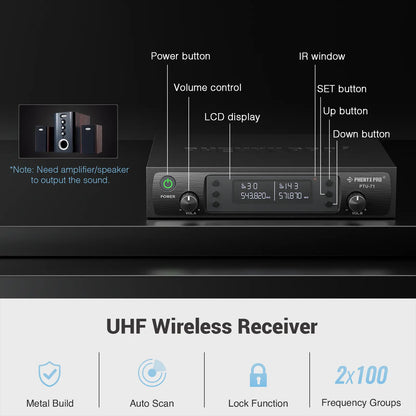Phenyx Pro PTU-71-2H Dual Wireless 500Mhz Microphone System – 2 Handheld Mics, 328Ft UHF Range, Auto Scan & IR Sync, 2X100 Adjustable Frequencies, Dynamic Mics for Singing, Church, Karaoke, Events