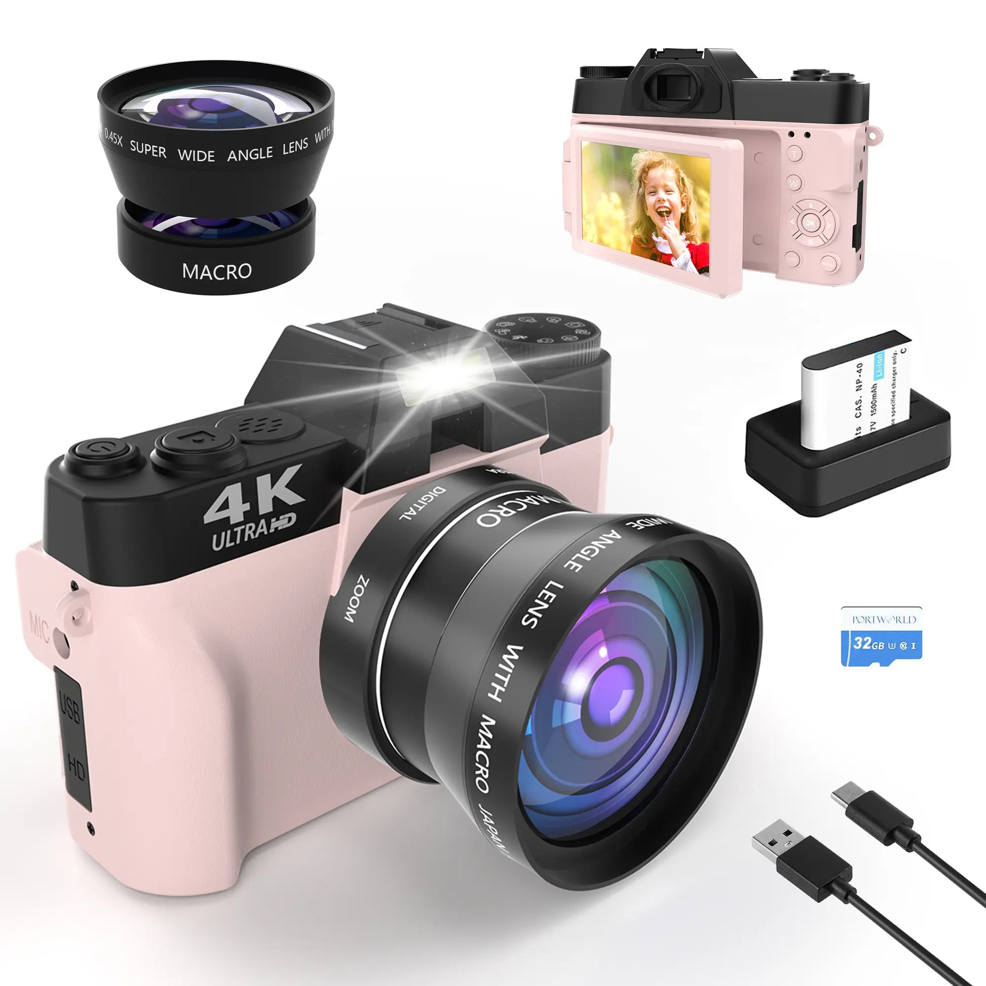 4K 56MP Vlogging Camera with 180° Flip Screen, Compact Camera with 16X Digital Zoom, 32GB TF Card, Summer Gift(Black)