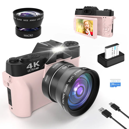 4K 56MP Vlogging Camera with 180° Flip Screen, Compact Camera with 16X Digital Zoom, 32GB TF Card, Summer Gift(Black)