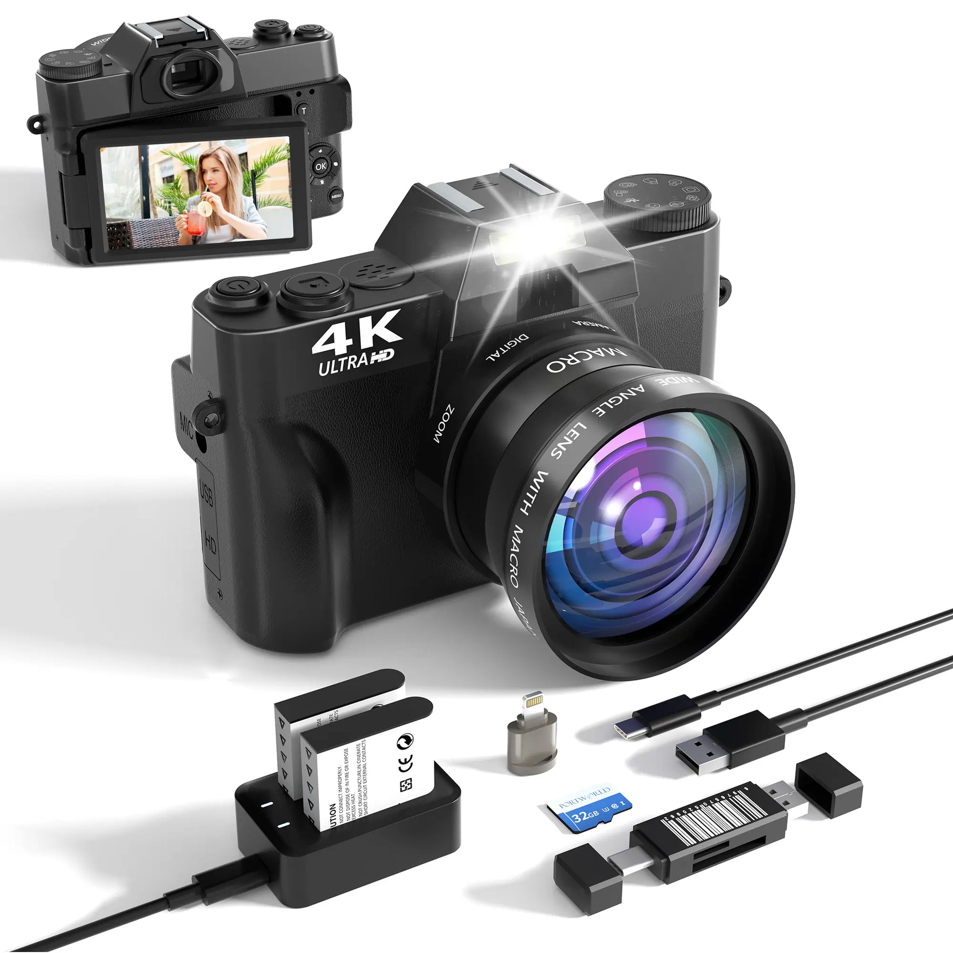 4K 56MP Vlogging Camera with 180° Flip Screen, Compact Camera with 16X Digital Zoom, 32GB TF Card, Summer Gift(Black)
