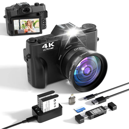 4K 56MP Vlogging Camera with 180° Flip Screen, Compact Camera with 16X Digital Zoom, 32GB TF Card, Summer Gift(Black)