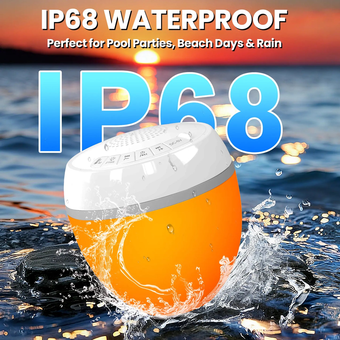 Floating Pool Speaker 3-In-1 with Digital Water Thermometer, IP68 Waterproof TWS Speaker Color LED Lights for Pool Hot Tub Spa, White