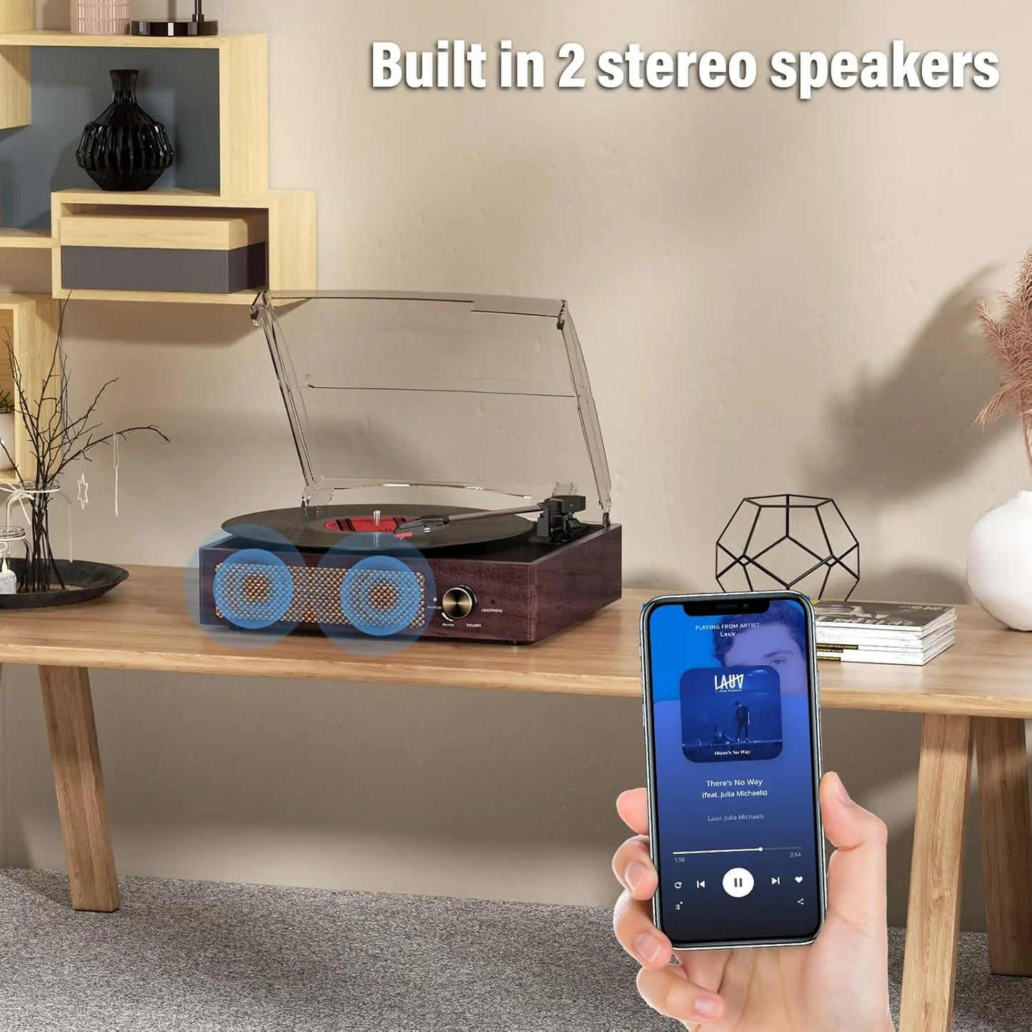 Vinyl Record Player, Turntable with Built-In Bluetooth Receiver & 2 Stereo Speakers, 3 Speed 3 Size Portable Retro Record, Gift for Women and Men
