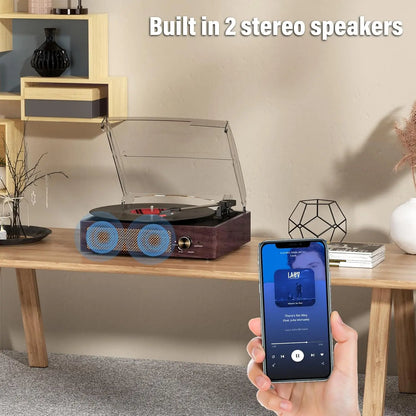 Vinyl Record Player, Turntable with Built-In Bluetooth Receiver & 2 Stereo Speakers, 3 Speed 3 Size Portable Retro Record, Gift for Women and Men