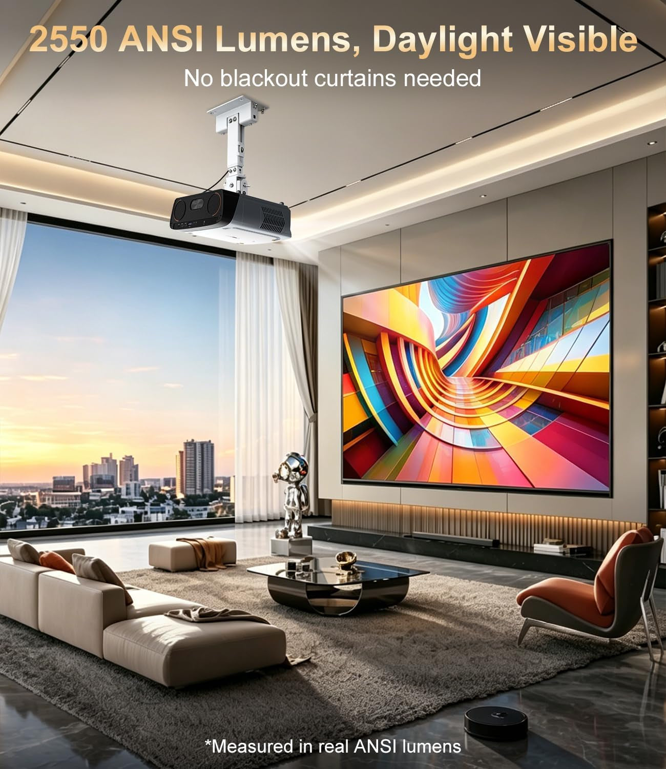 2550 ANSI High Lumens Projector 4K UHD Smart Google TV for Indoor/Outdoor | 35W×2 Speakers Doiby Audio, Tof + CMOS Auto Focus, Shorter Throw, HDMI ARC, Wifi6 Bluetooth, Nfc/Voice Control, Home Theater