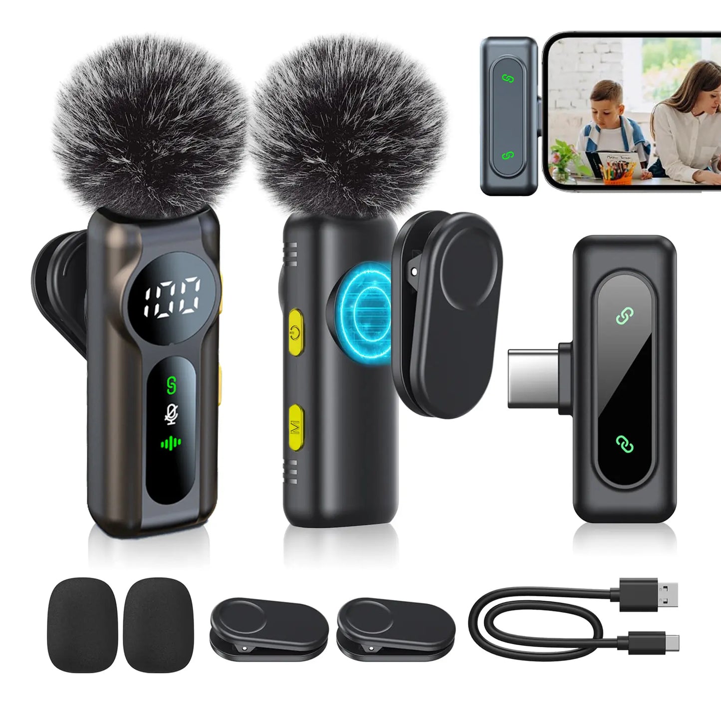 PQRQP Wireless Lavalier Microphone Dual Set – Plug & Play Clip-On Mic with Auto Pairing, Magnetic Mount, Noise Cancelling with LED Display for Iphone, Android, USB-C Devices,Vlog & Video Recording
