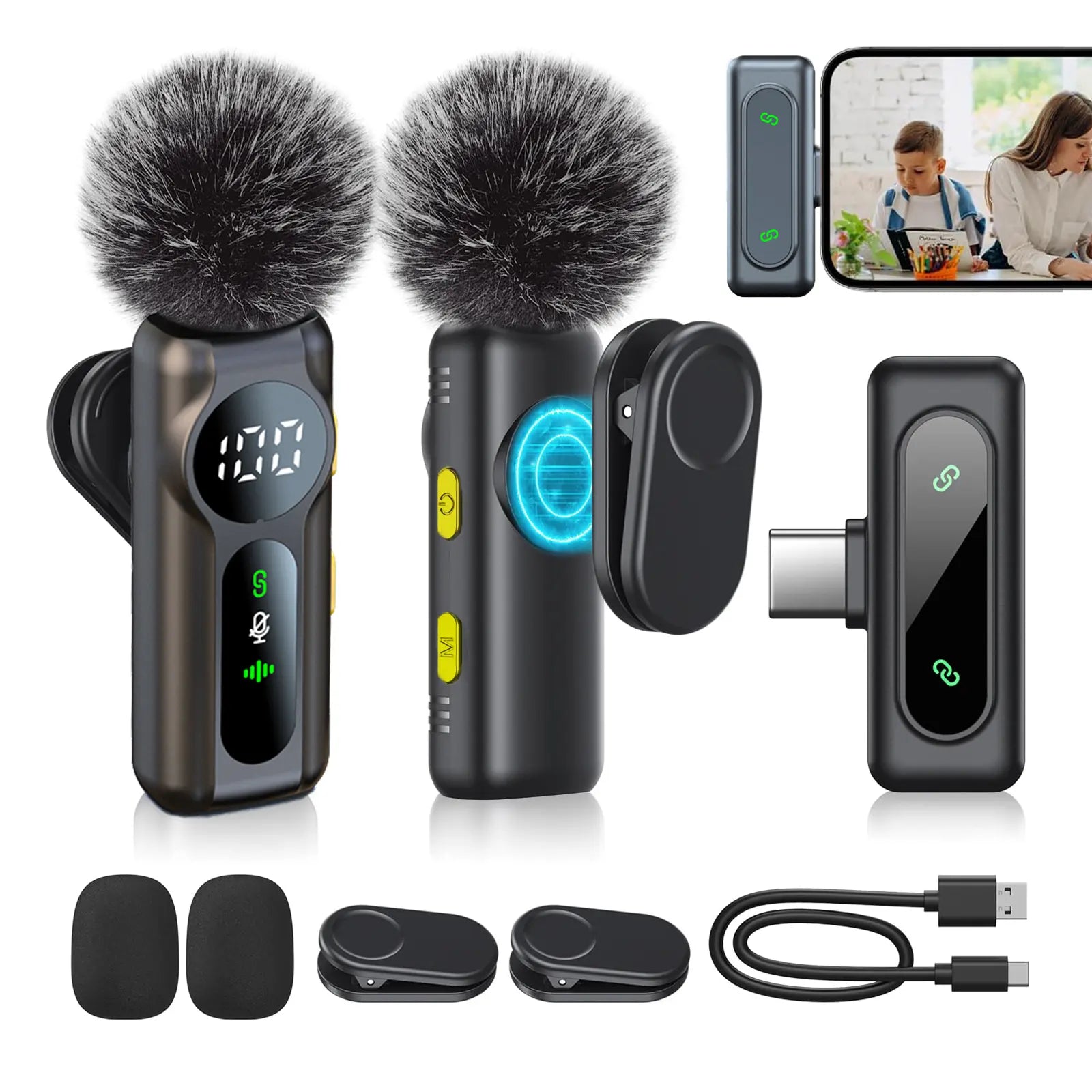 PQRQP Wireless Lavalier Microphone Dual Set – Plug & Play Clip-On Mic with Auto Pairing, Magnetic Mount, Noise Cancelling with LED Display for Iphone, Android, USB-C Devices,Vlog & Video Recording