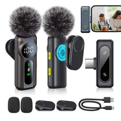PQRQP Wireless Lavalier Microphone Dual Set – Plug & Play Clip-On Mic with Auto Pairing, Magnetic Mount, Noise Cancelling with LED Display for Iphone, Android, USB-C Devices,Vlog & Video Recording