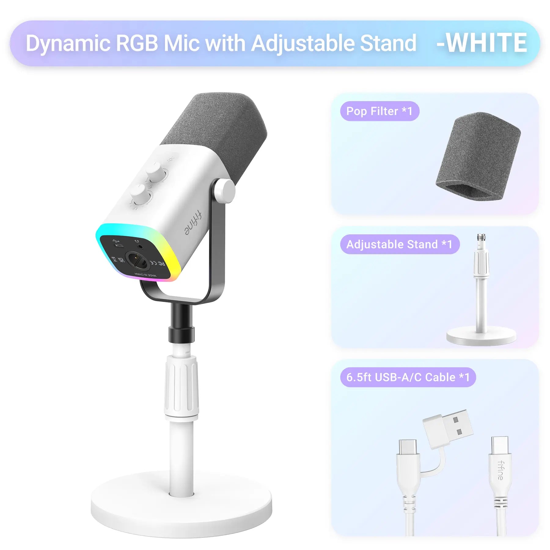 Fifine AM8S Gaming Microphone with Adjustable Stand, Height Adjustable Heavy-Duty Metal Stand, RGB Dynamic Mic with Quick Mute, Gain Volume Control, Headphone Jack, XLR/USB for Podcast, Streaming, Recording, PC PS5 Gamer, Audio Interface Mixer, Smartphone