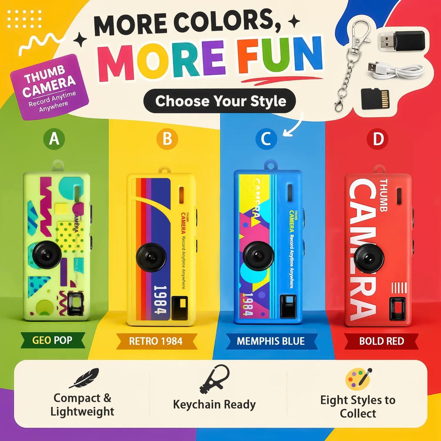 Compact Thumb Camera with Memory Card Reader, Multifunctional Keychain Camera, Wearable Recorder, Portable Camera, Student Outdoor Sports Camera, Kids Video Pocket Camera, Rechargeable
