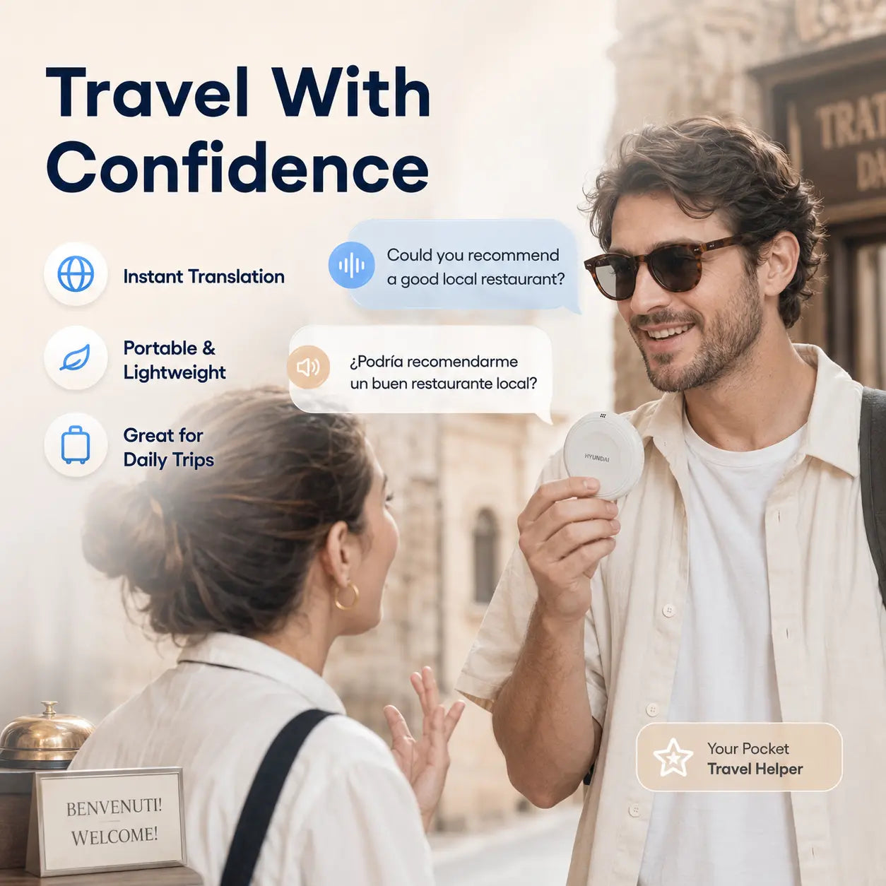 HYUNDAI TS1 Smart Translator Speaker, Real-Time Translation in 133 Languages for Travel, Business & Learning,Languages Practice Companion