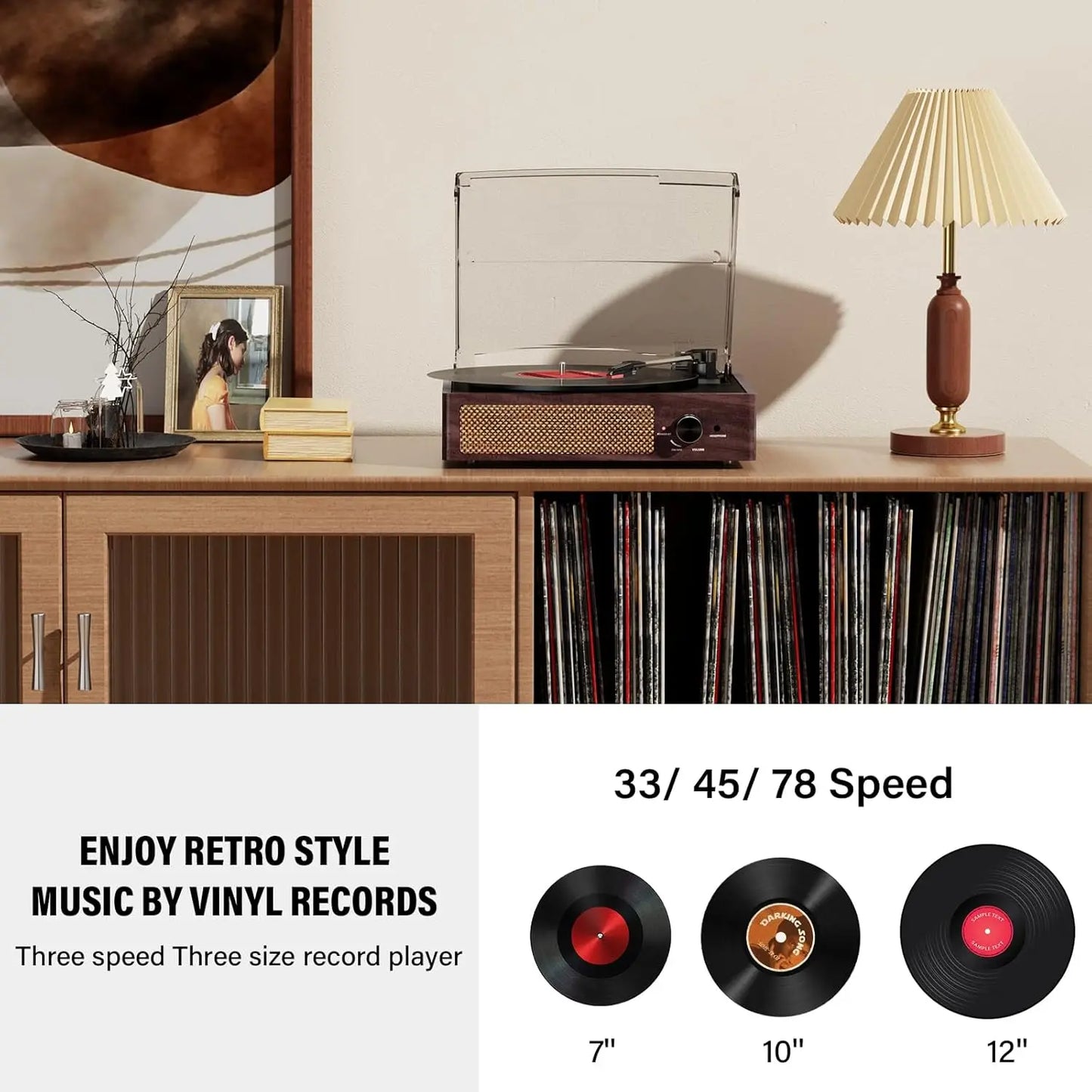 Vinyl Record Player, Turntable with Built-In Bluetooth Receiver & 2 Stereo Speakers, 3 Speed 3 Size Portable Retro Record, Gift for Women and Men