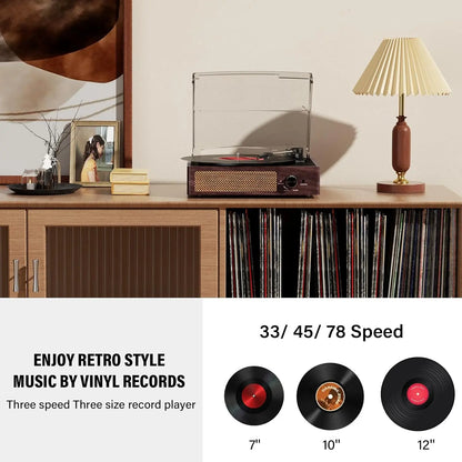 Vinyl Record Player, Turntable with Built-In Bluetooth Receiver & 2 Stereo Speakers, 3 Speed 3 Size Portable Retro Record, Gift for Women and Men