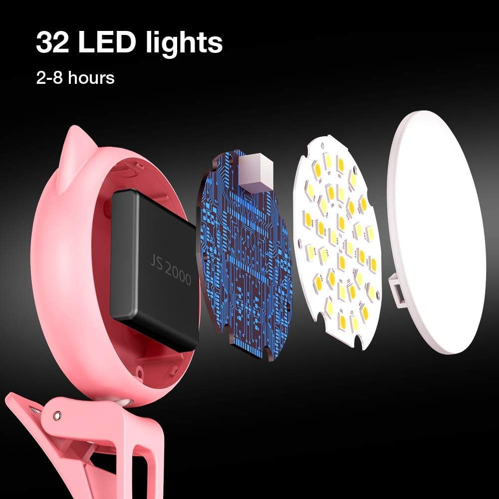 Selfie Clip on Ring Light, Mini Rechargeable 9 Level Adjustable Brightness Modes with 32 LED, 2-8 Hours, USB Flash Lighting for Iphone/Android, Cell Phone Photography,Video, Vlogging - Pink