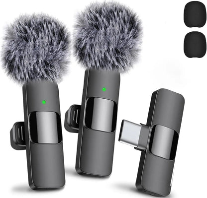 Upgraded Professional Mini Wireless Lavalier Microphone,Noise Reduction Clip on Mic for Iphone 15, Ios and Android Devices , 2 Pack Cordless Omnidirectional Condenser Recording Mic for Interview, Video, Podcast, Youtube