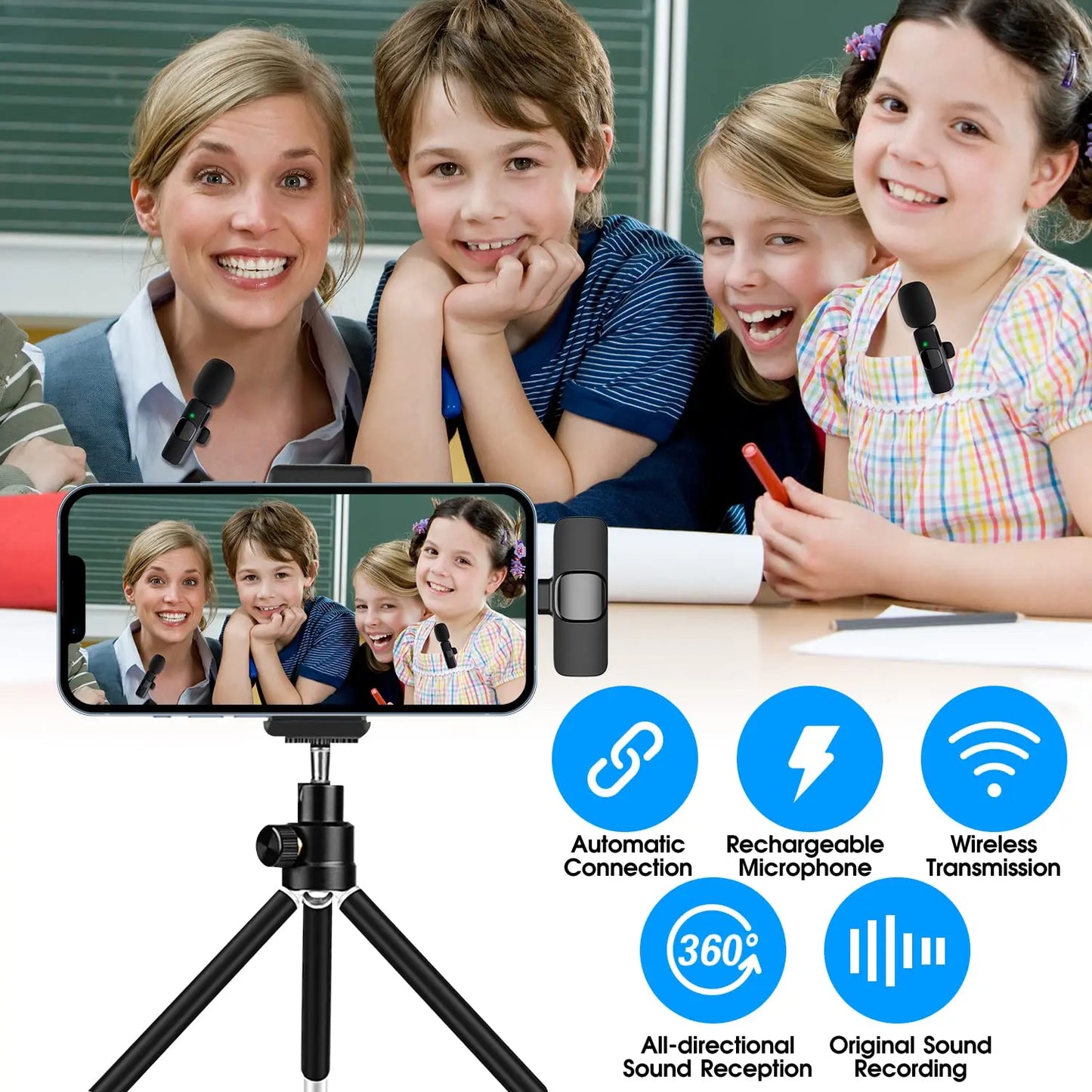Dual Wireless Lavalier Microphone Set for iPhone and iPad, Plug-and-Play 2.4G Ultra-Low Latency with Integrated Noise Reduction for Video Recording, Interviews, Podcasts, and Vlogs