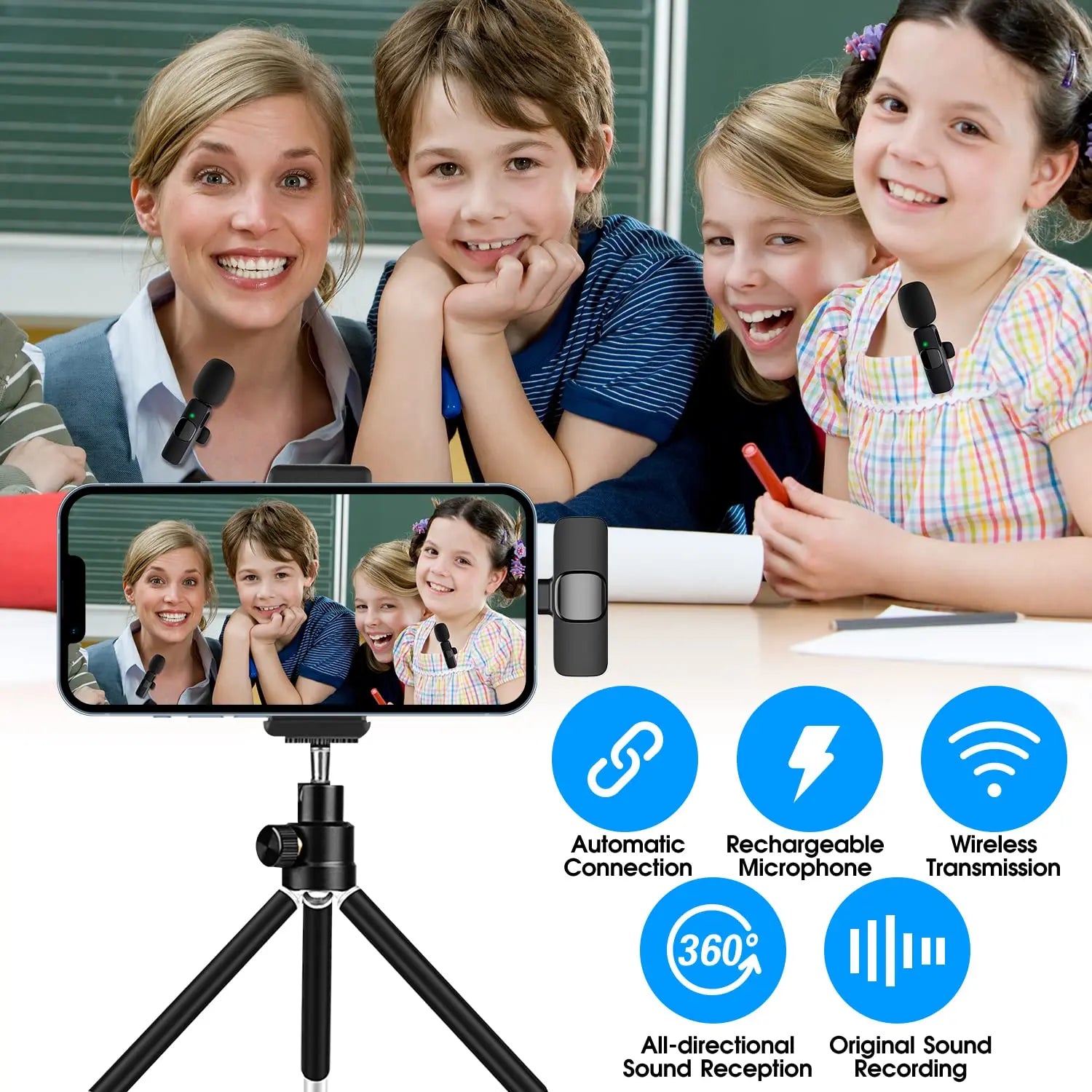 Dual Wireless Lavalier Microphone Set for iPhone and iPad, Plug-and-Play 2.4G Ultra-Low Latency with Integrated Noise Reduction for Video Recording, Interviews, Podcasts, and Vlogs