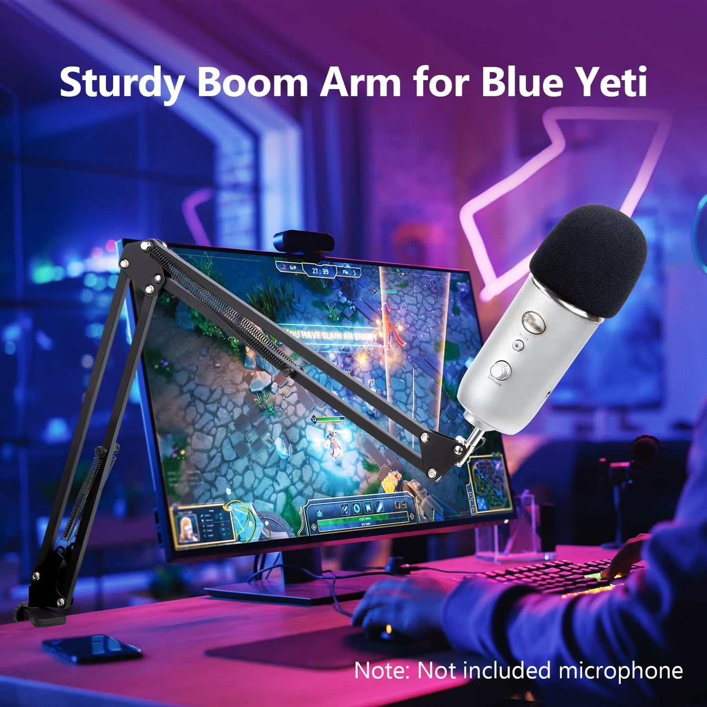 Yeti Microphone Stand with Foam Windscreen, Suspension Boom Scissor Arm Stand with Pop Filter Cover for Blue Yeti Pro, Gaming Microphone Arm by