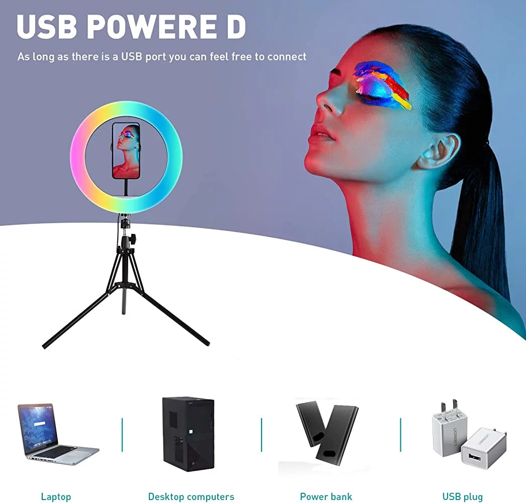 13" LED RGB Selfie Ring Light Mini & Extendable Tripod Stand & Phone Holder 10 Brightness Level 26 Light Modes Dimmable Ringlight,For Makeup Live Streaming Youtube Video Shooting