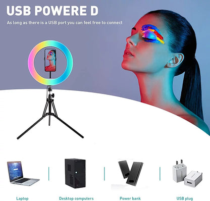 13" LED RGB Selfie Ring Light Mini & Extendable Tripod Stand & Phone Holder 10 Brightness Level 26 Light Modes Dimmable Ringlight,For Makeup Live Streaming Youtube Video Shooting